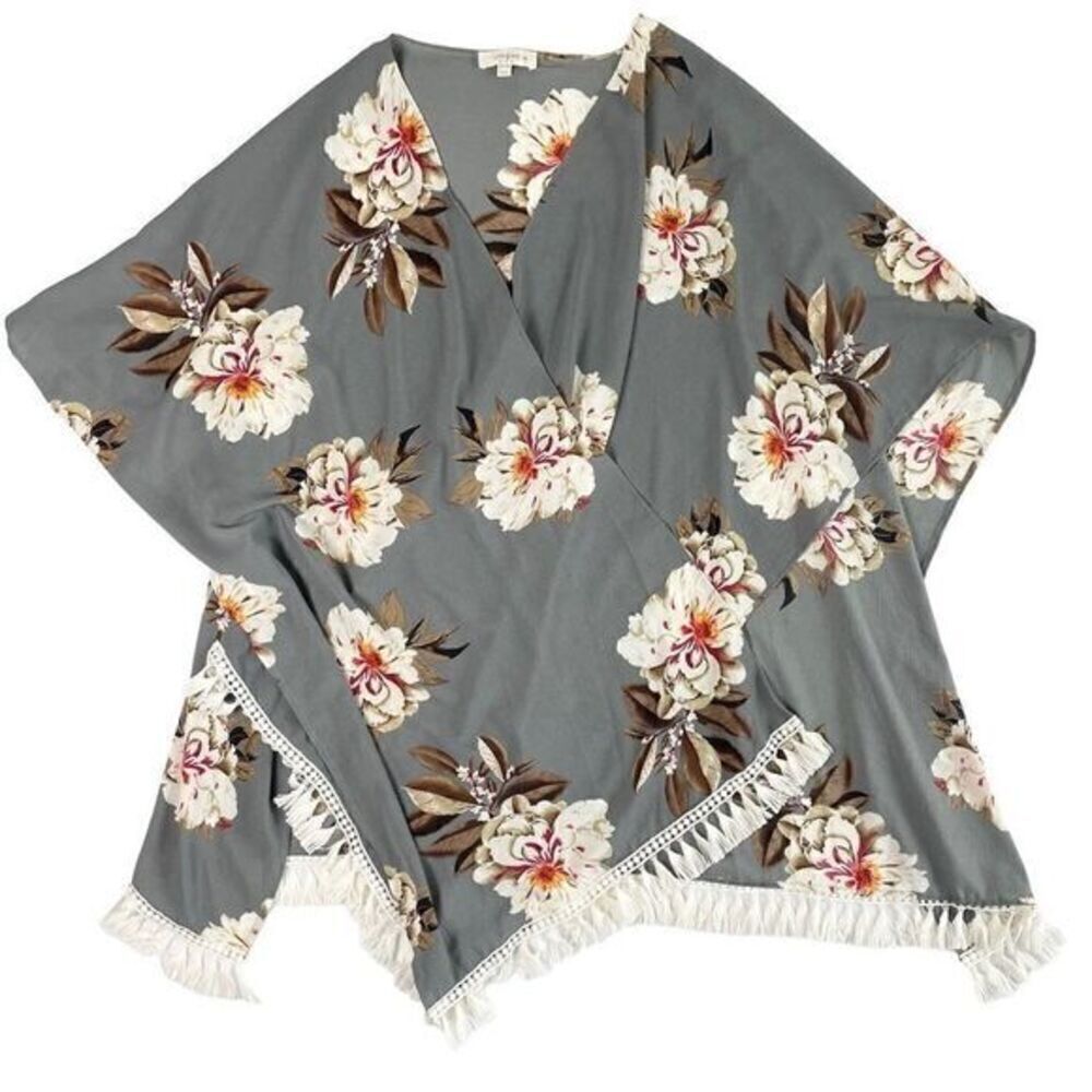 Umgee Gray Floral Kimono Cardigan With Tassels Women’s Size 1XL/2XL